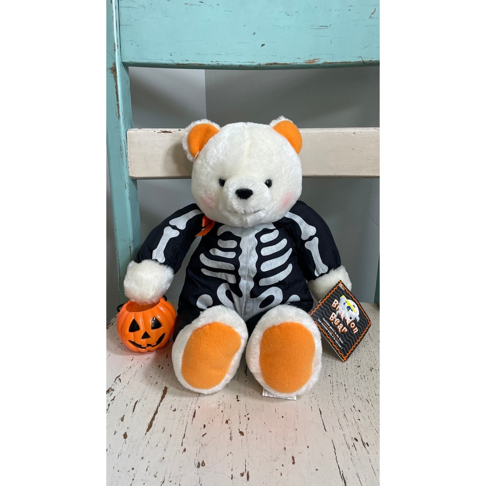 Hallmark Brandon Bear Halloween Skeleton Glow in the Dark Plush 14" White Orange